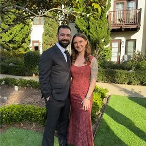 Celeste rust red floral burnout bustier maxi dress